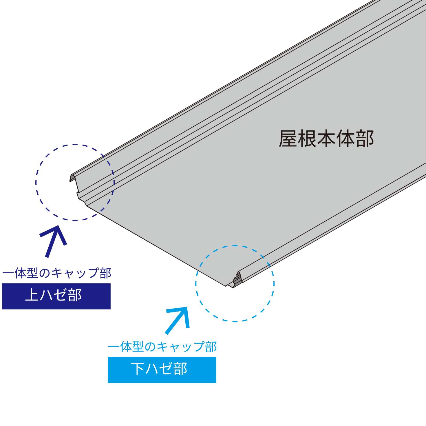 屋根材とキャップが一体となっています。